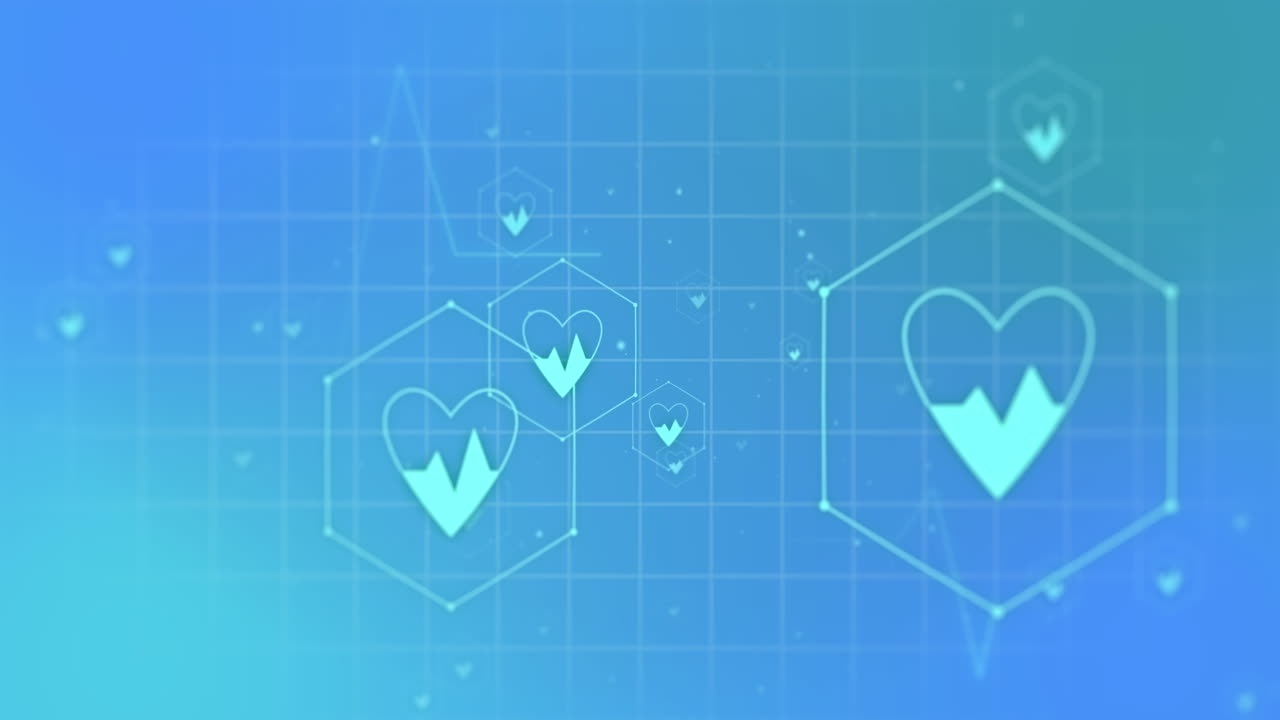 의료 아이콘의 애니메이션과 파란색 배경의 그리드 상의 데이터 처리