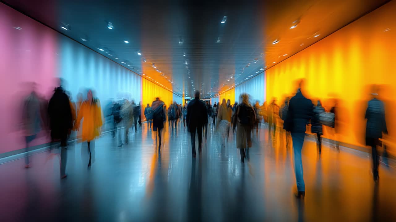 A Dynamic Movement of Silhouetted Figures Through a Modern Hallway Bathed in Vibrant Colors, Capturing the Essence of Urban Life and Creative Spaces