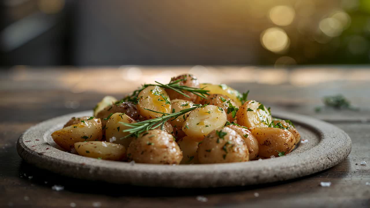Pulling camera back revealing roasted baby potatoes on plate on wood, highlighting rosemary sprig
