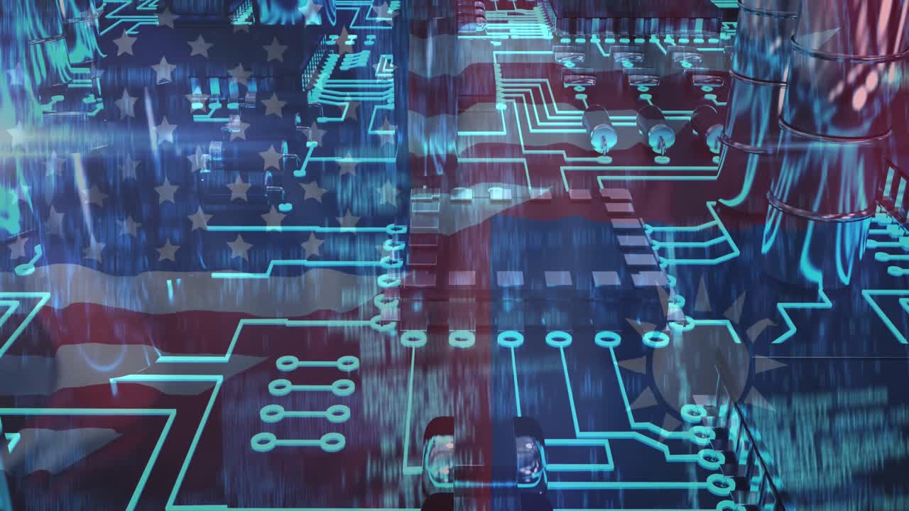 Animation of padlock and data processing over flag of taiwan and united states of america