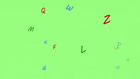 digital animation of multiple colorful english alphabets floating against green background