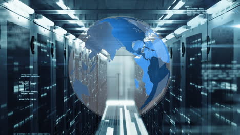 animation of spinning globe, data processing and mosaic sqaures against computer server room