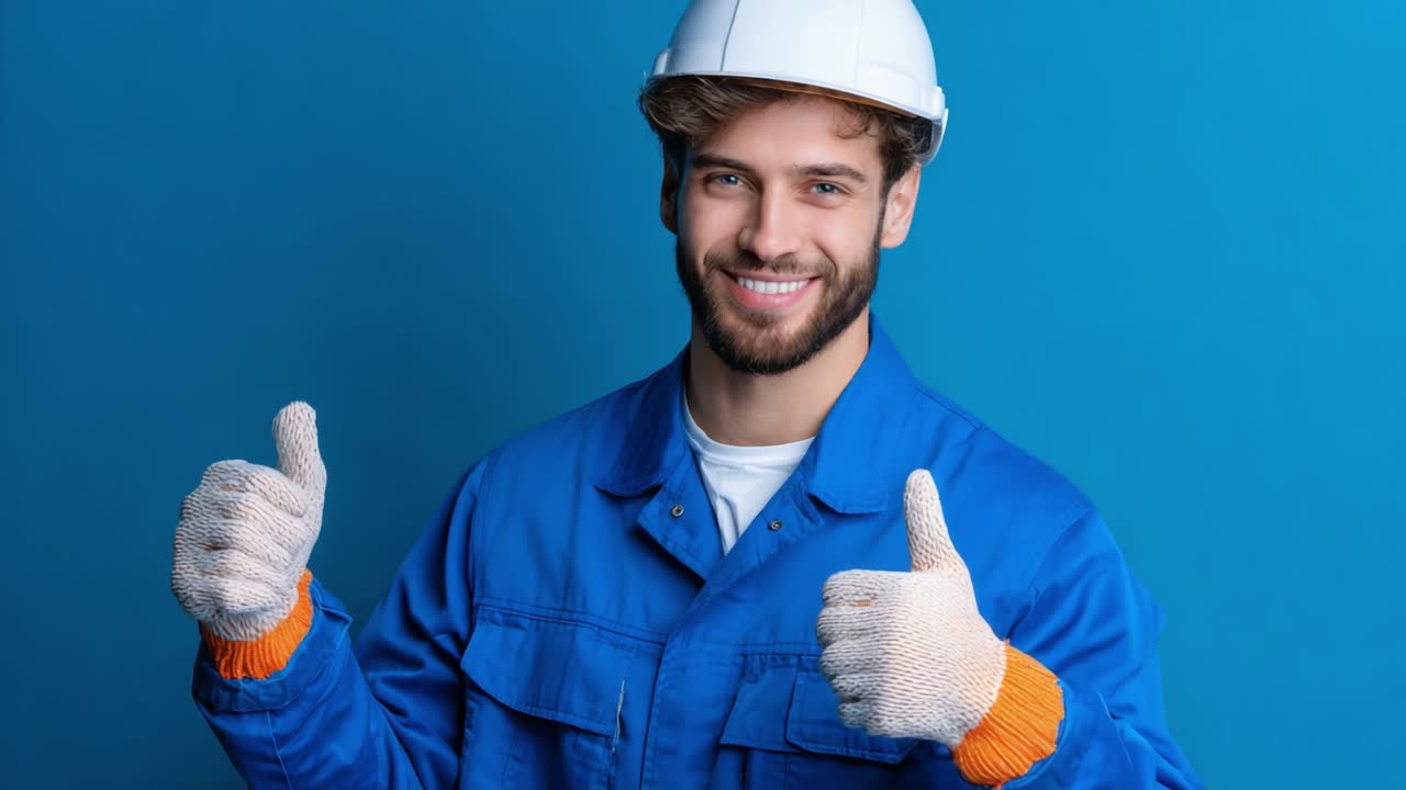 Um alegre trabalhador da construção civil, fazendo um sinal de positivo, mostrando positividade e profissionalismo em suas vestimentas de trabalho e capacete contra um plano de fundo azul