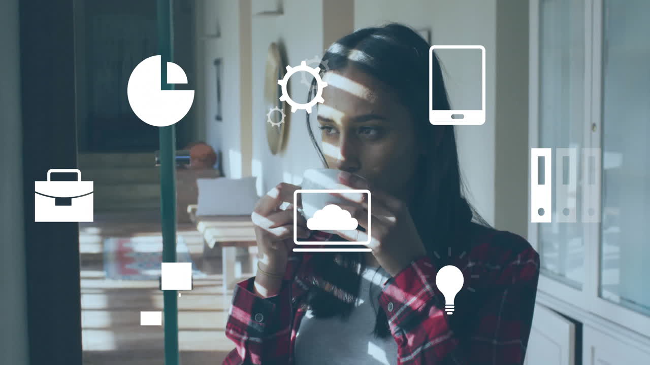 Drinking coffee, woman surrounded by animation of technology icons in home