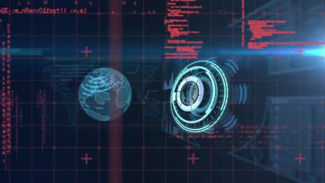 Animation of round scanner, data processing and spinning globe icon against blue background