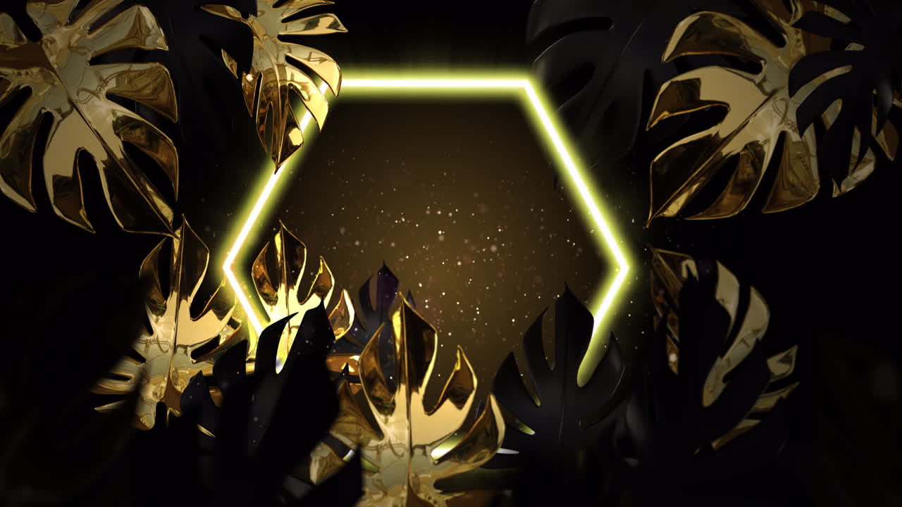 анимация золотых тропических листьев с желтыми неоновыми шестиугольниками на коричневом фоне.