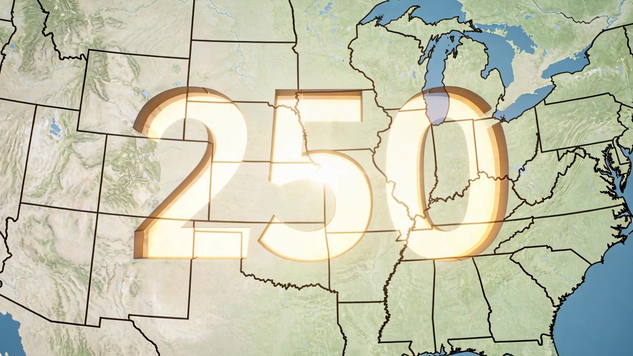 Exibindo gráfico 3D 250 dourado centralizado em um mapa dos EUA transmitido, com um brilho central atingindo o pico e depois diminuindo.