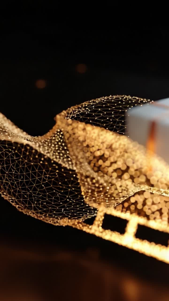 Uno sguardo sull'incanto: Una slitta scintillante decorata con lucine e un bellissimo regalo in primo piano su uno sfondo scuro.