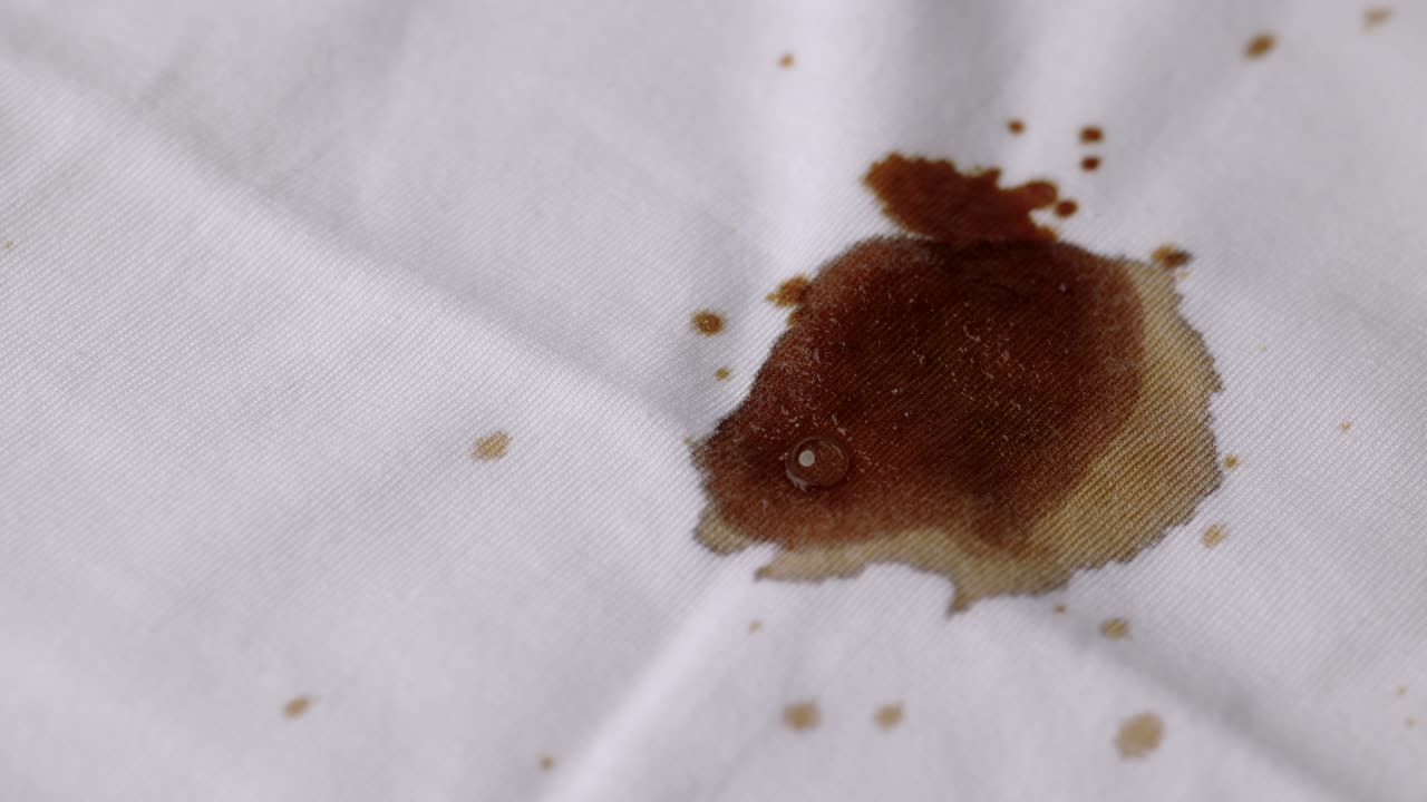 Kávová skvrna na košili. Bílá bavlněná košile poskvrněná hnědou kávou.
