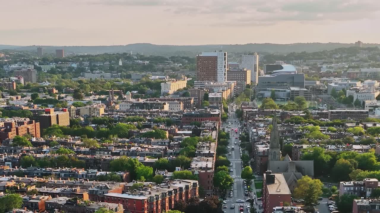 Bird's eye view of a city in the USA showcasing buildings and streets
