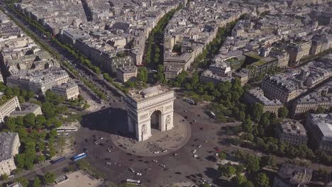 summer day paris cityscape famous arch de triumph traffic circle aerial panorama 4k time lapse france