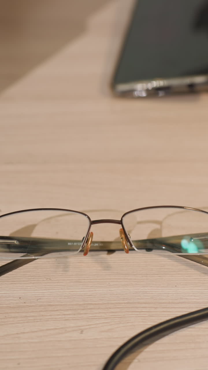 una vista de cerca de una mano con un guante negro dejó caer un par de gafas en un escritorio de madera, con teléfono en la mesa y otros equipos