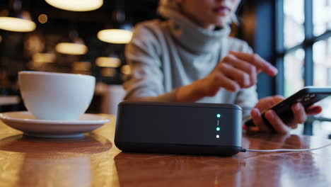 woman charging phone in a cafe