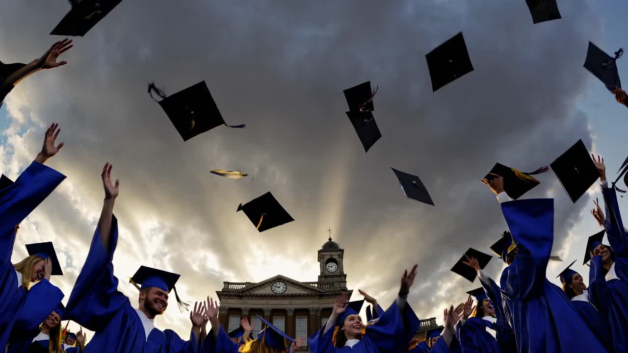 A low-angle video captures graduates joyfully tossing caps under dramatic clouds, with sun rays