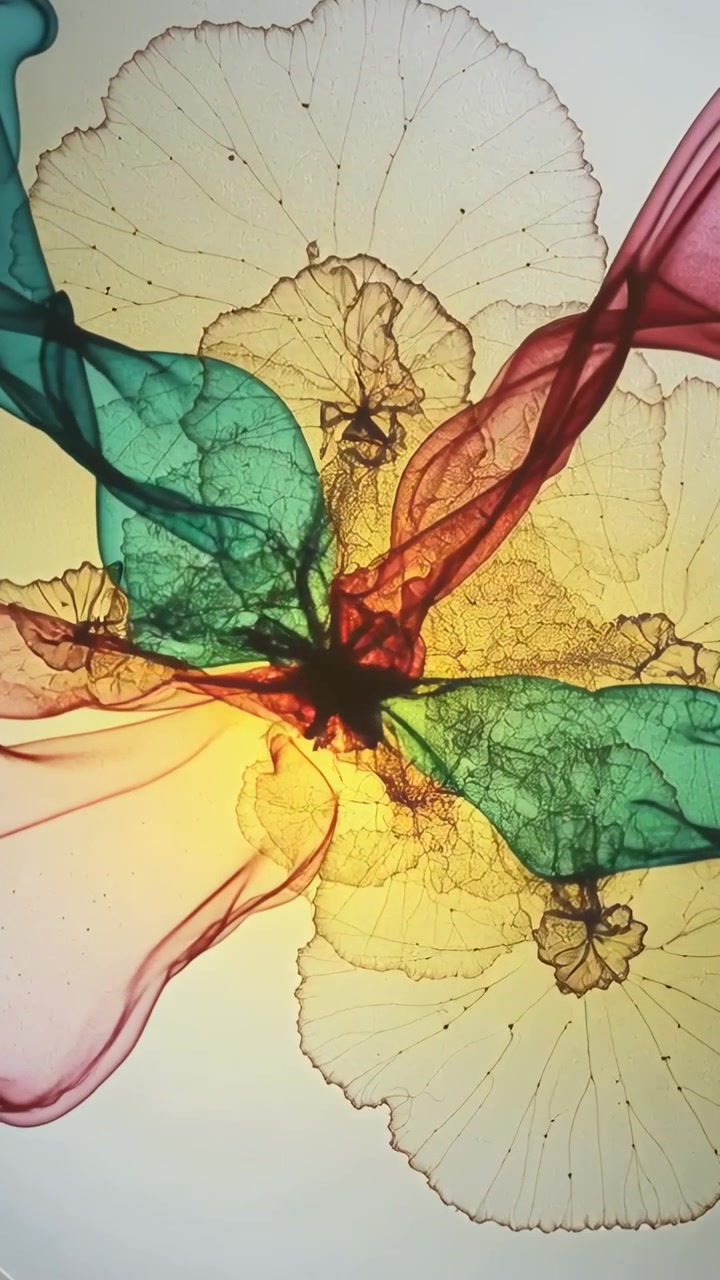 Vertical video: Forming from teal and maroon ribbons twisting on corner seam, showing gold petals