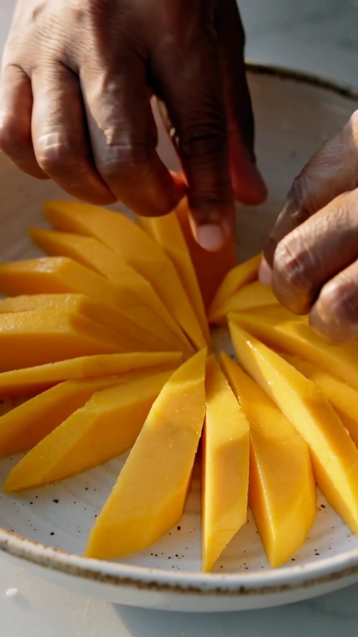 Video verticale: Mani che si muovono dall'alto disponendo a ventaglio fette di mango su un piatto maculato a casa per il servizio