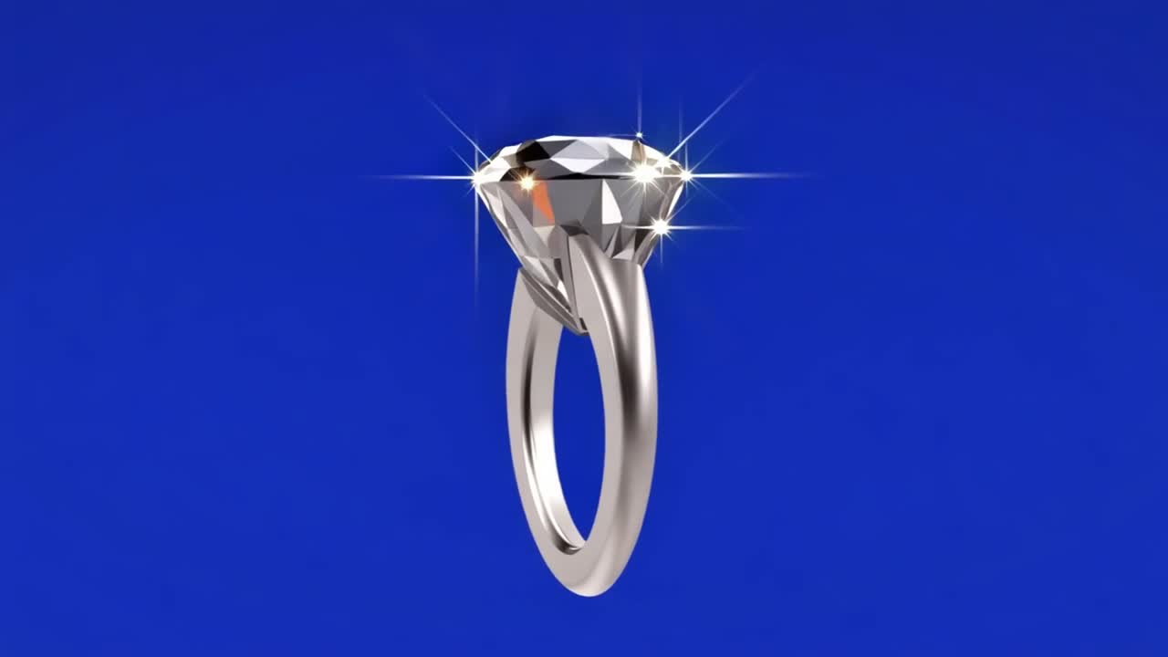 Glitrende diamantring roterer på blå bakgrunn
