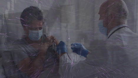 animation of data processing over caucasian male doctor with face mask vaccinating