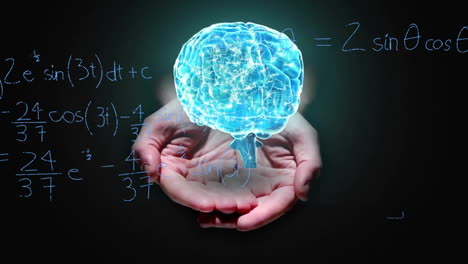 animación de manos caucásicas y cerebro brillante sobre ecuaciones matemáticas en negro