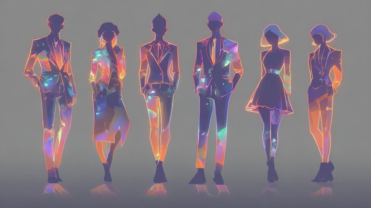 A Stylish Ensemble of Silhouetted Figures Radiating Vibrant Colors and Geometric Patterns, Showcasing Fashion, Elegance, and Modern Aesthetic in a Hypothetical Dimension of Artistic Representation