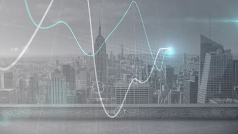 animation of financial data processing over cityscape