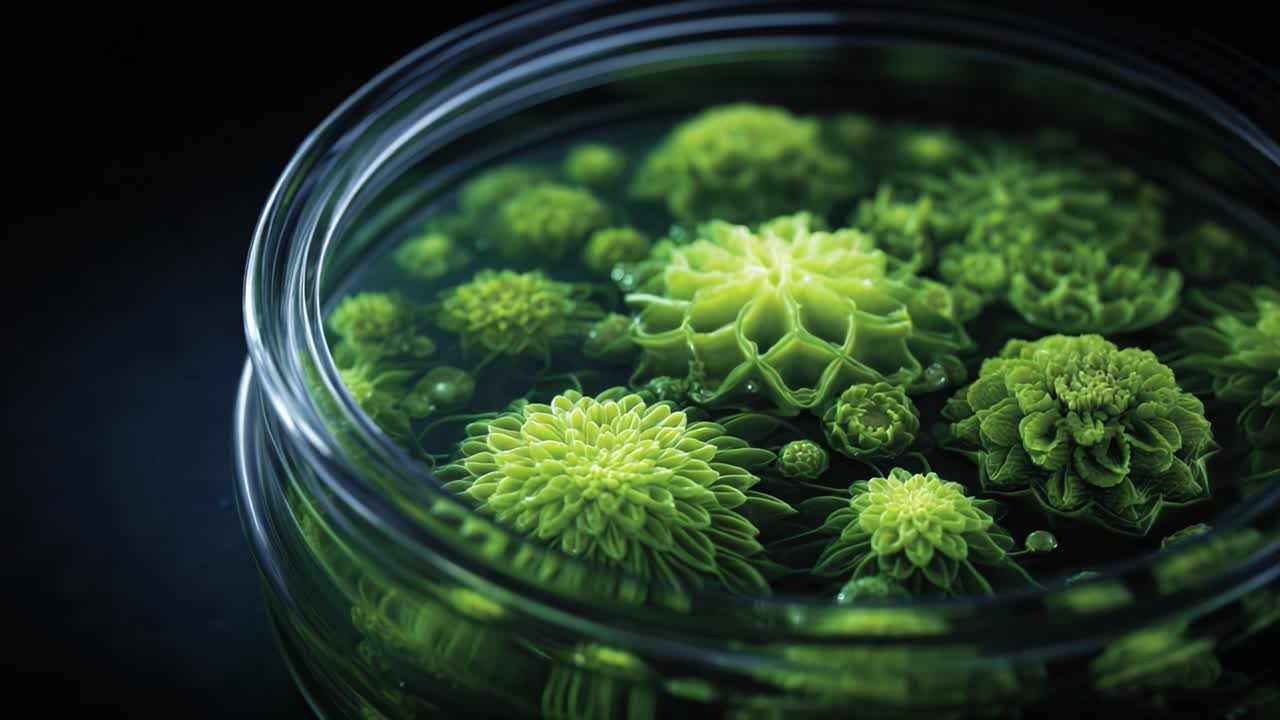 Una collezione accattivante di flora verde lussureggiante in una ciotola trasparente, che mostra intricati motivi e texture sotto una luce soffusa per un'atmosfera incantevole.