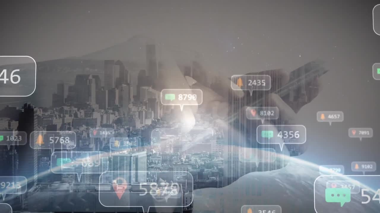 전 세계 소셜 미디어 아이콘의 애니메이션, 스마트폰과 도시 풍경을 사용하는 사람