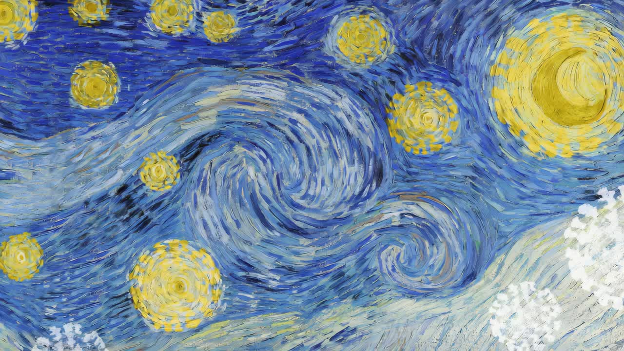Aerial view of a swirling, starry night sky in a Van Gogh-inspired style, perfect for a video