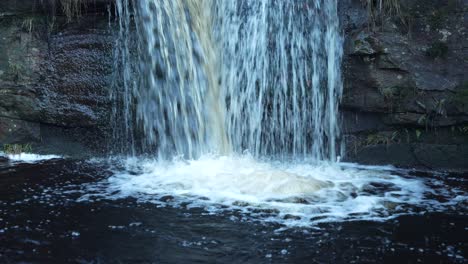 Close-up-of-small-waterfall-into-natural-pool,-with-water-bubbling-and-foaming