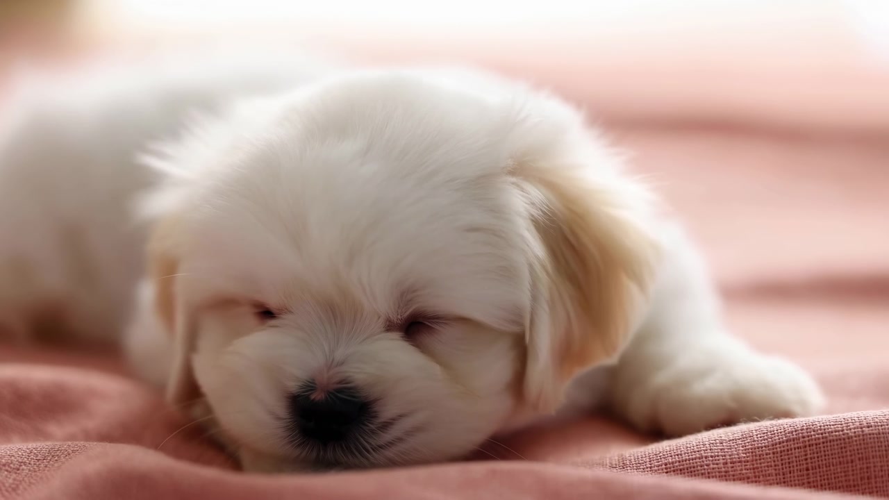 Small white puppy sleeping with head lowered onto woven pink blanket, eyes closed, black nose resting against fabric and floppy ears showing pale tan edges, indoor scene with shallow depth and