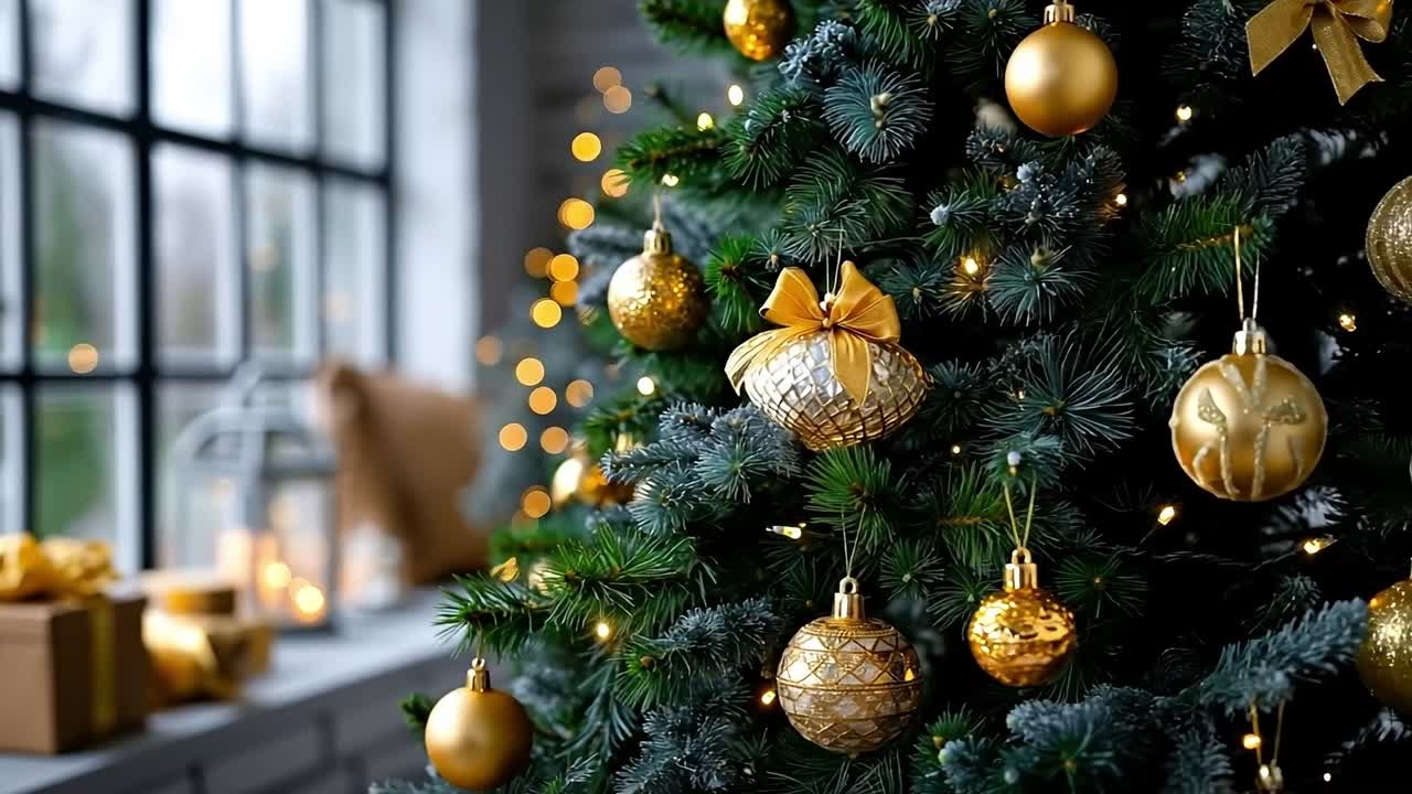 A decorated christmas tree with gold ornaments on it in front of a window