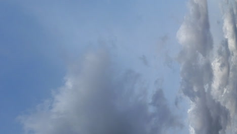 vertical format: dramatic rain clouds cross pale blue sky in timelapse