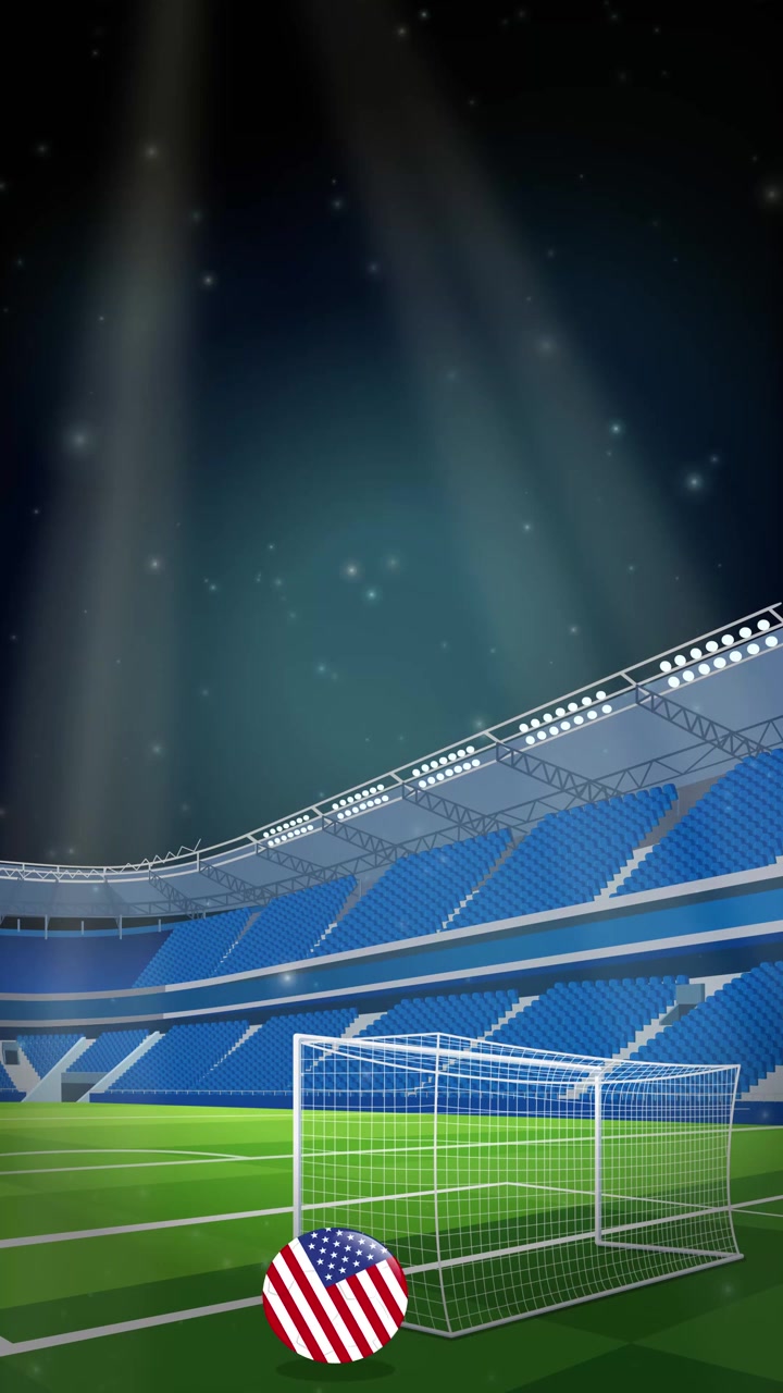 Animated soccer ball with American flag pattern bounces across a lit stadium at night.