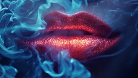 A woman's lips are painted red and are surrounded by smoke. The lips are the main focus of the image, and the smoke adds a dramatic and mysterious atmosphere