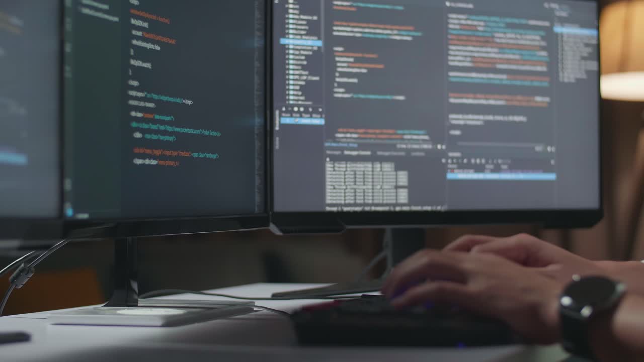 desarrollador trabajando en código en múltiples monitores
