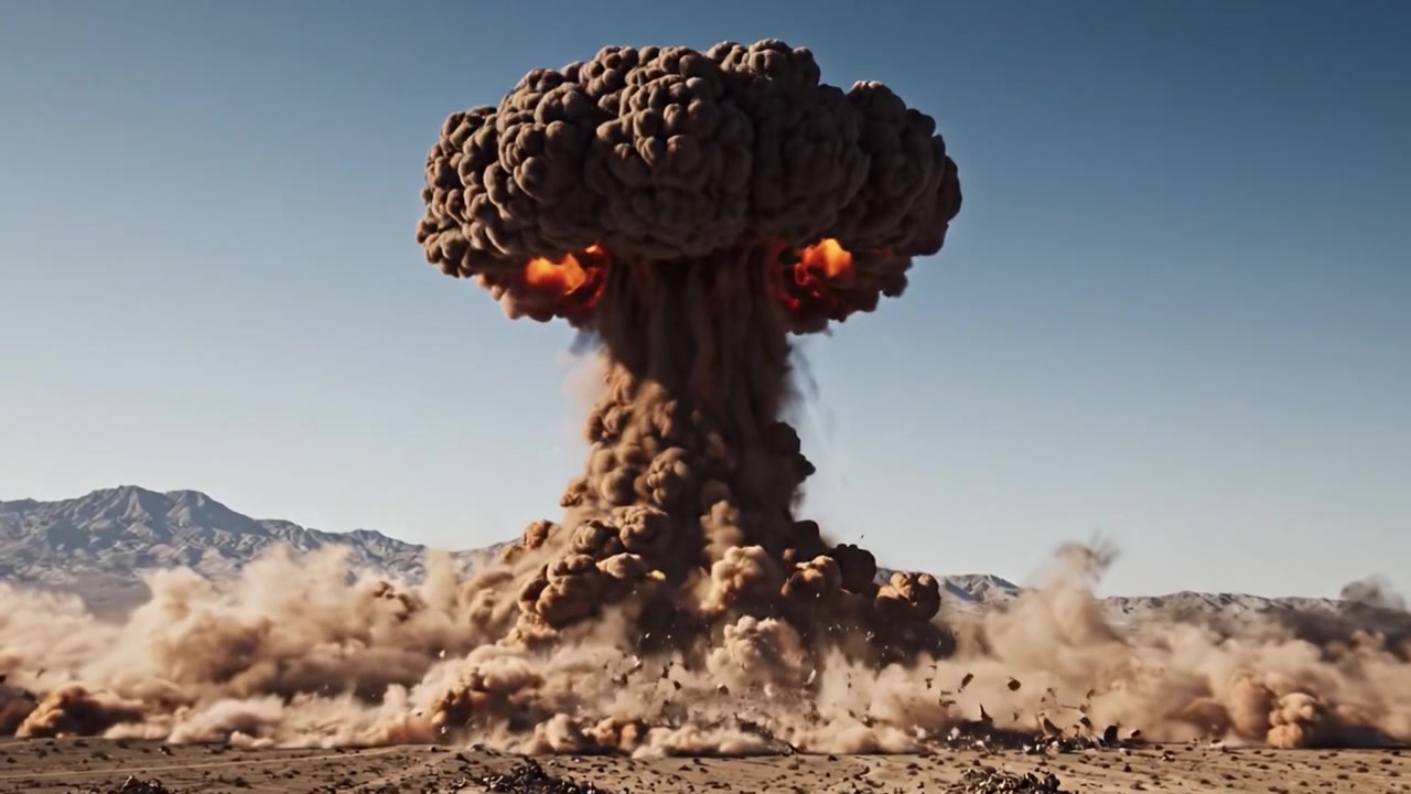Ein atemberaubendes Bild einer dramatischen Explosion in einer trockenen Landschaft, festgehalten von der ersten Zündung bis zur katastrophalen Wolkenbildung.
