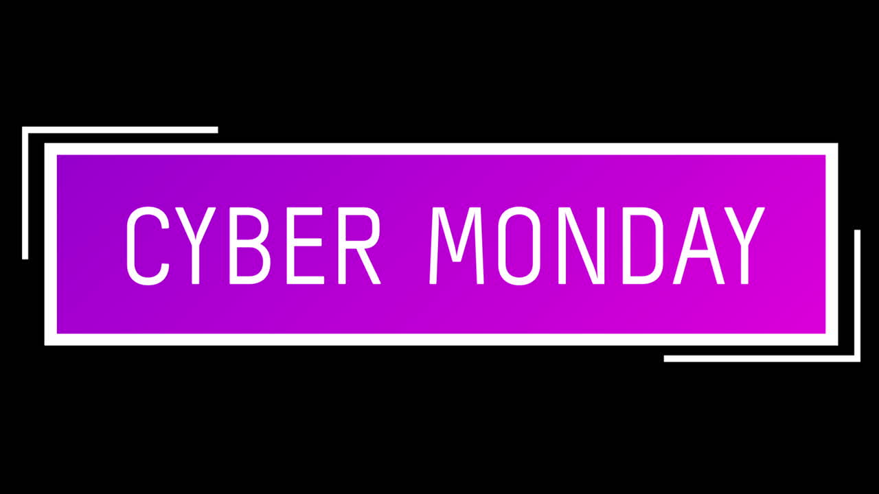 texto blanco y púrpura de cyber monday que aparece contra una pantalla negra 4k