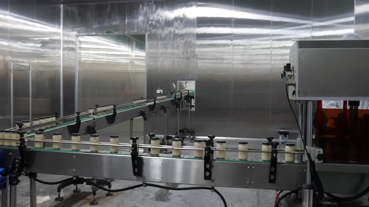 Factory automated labeling machine applying stickers to bottles on conveyor belts production line in the food product industry, with workers carefully filling, sealing transparent bottles of goods