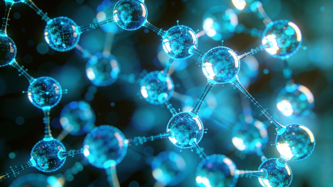 Câmera em movimento revelando uma rede molecular em vista microscópica com nós e hastes azuis translúcidos.