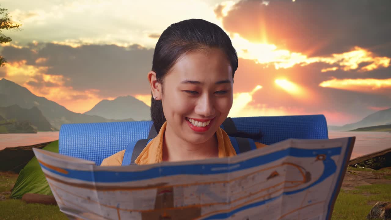 Happy Woman Reading a Map While Camping at Sunset