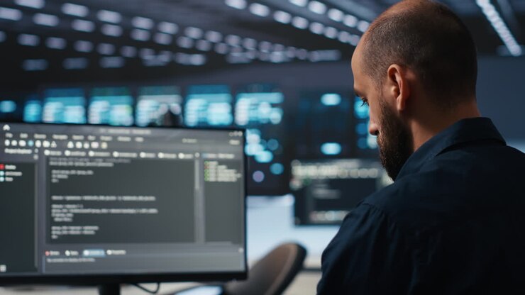 IT supervisor overseeing server room, running code on PC, troubleshooting rigs