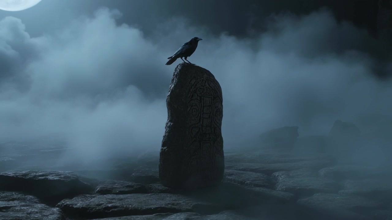 Reagendo alla nebbia che si sposta, un corvo nero appollaiato gira la testa su un pilastro di pietra illuminato dalla luna, scrutando la pianura.