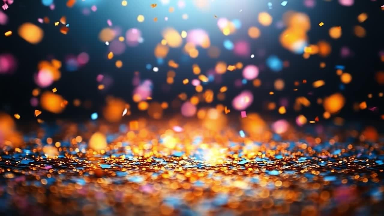 Colorful confetti falling on the ground. Bright confetti in various colors scatters on a shiny surface, creating a festive atmosphere during a celebration.