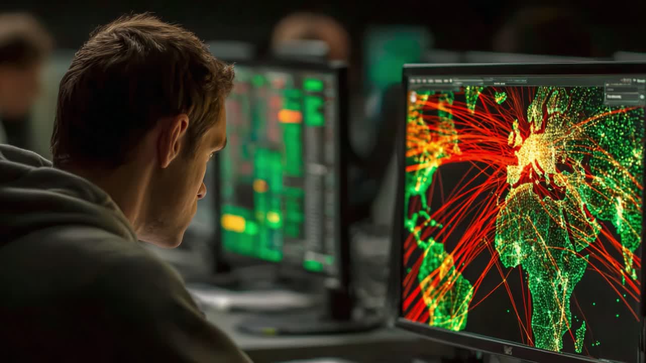 Data Analysis in Cybersecurity: An Analyst Observes Complex Network Visualizations on Multiple Monitors in a Dimly Lit Environment