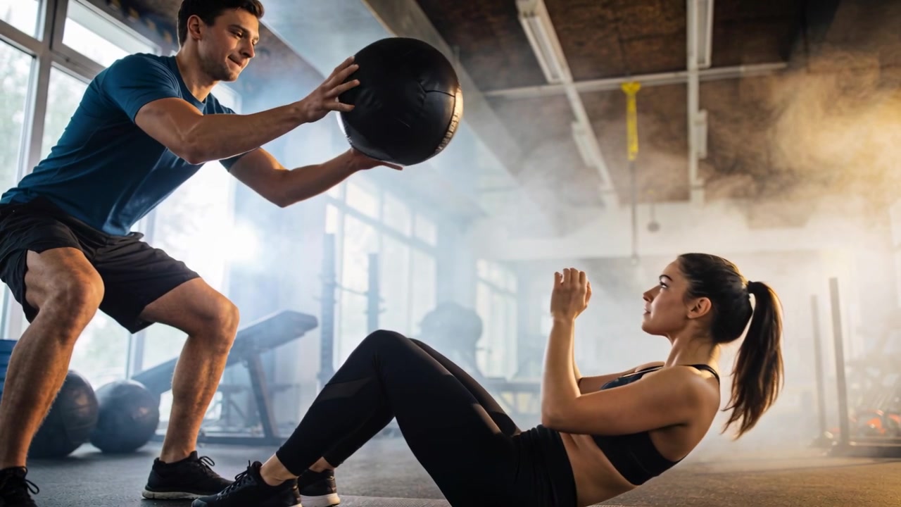 Entrenador lanzando balón medicinal a una mujer con top deportivo haciendo abdominales en una colchoneta en el gimnasio para fortalecer el core.