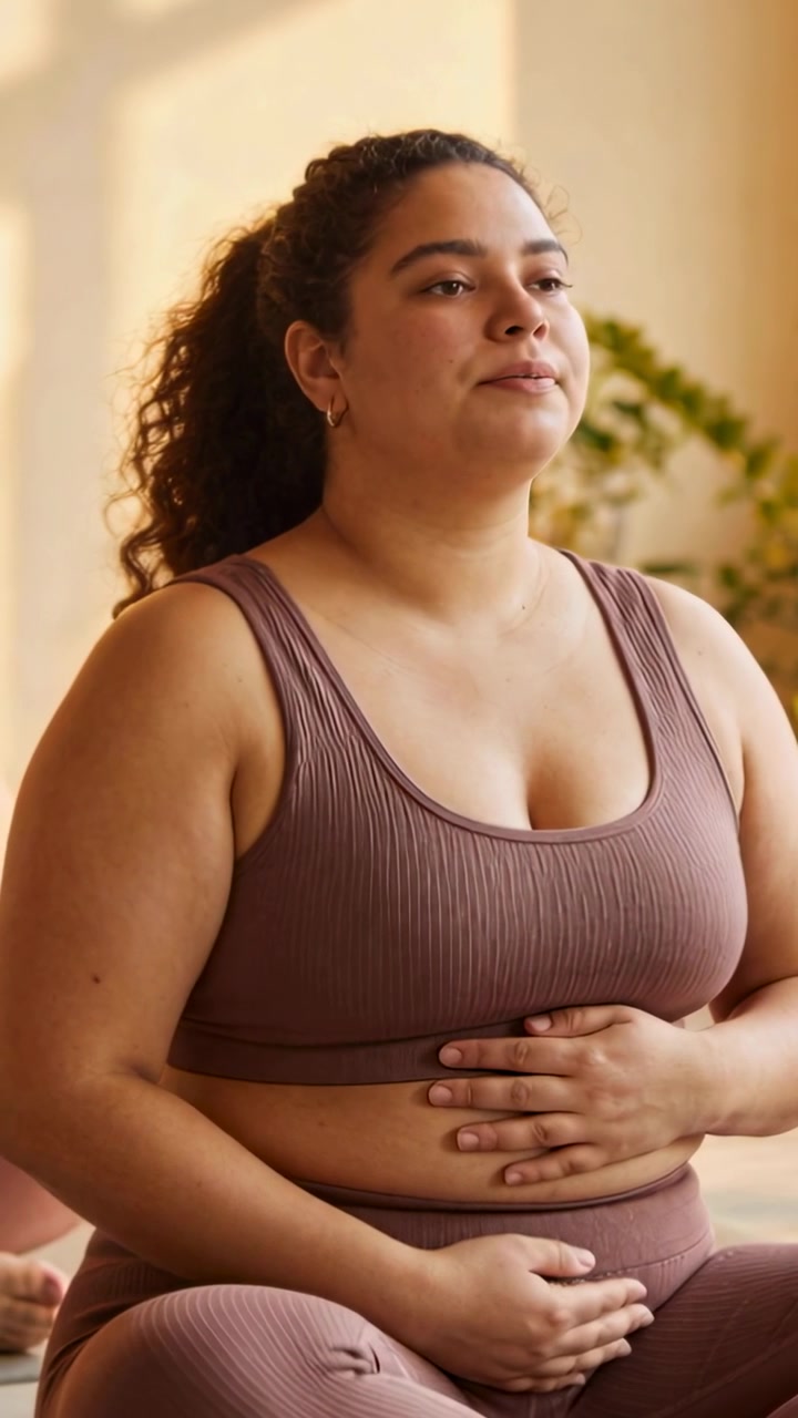Donna che inizia a inspirare, respirando con le mani sull'addome mentre degli anelli mappano il respiro per il benessere