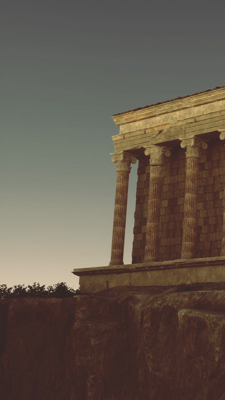 Majestic ancient ruin overlooking a serene landscape during twilight hours