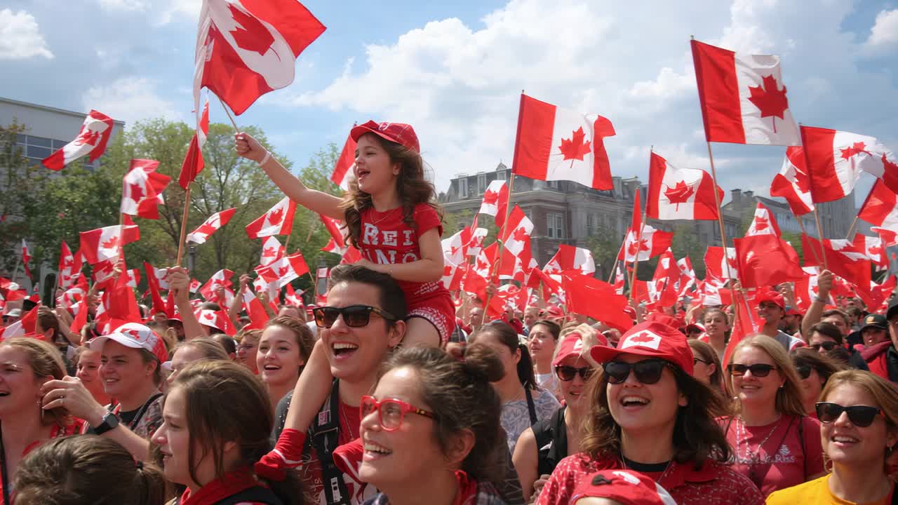 Anthem starting, man carrying child in red waving Canadian flag at plaza celebrating Canada Day