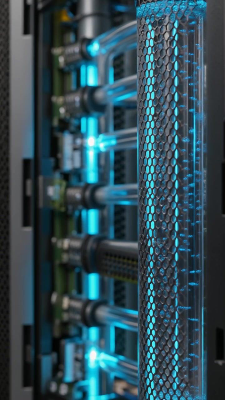 Primo piano verticale di un tubo di raffreddamento a liquido per server trasparente con refrigerante blu gorgogliante dietro una griglia a nido d'ape nera
