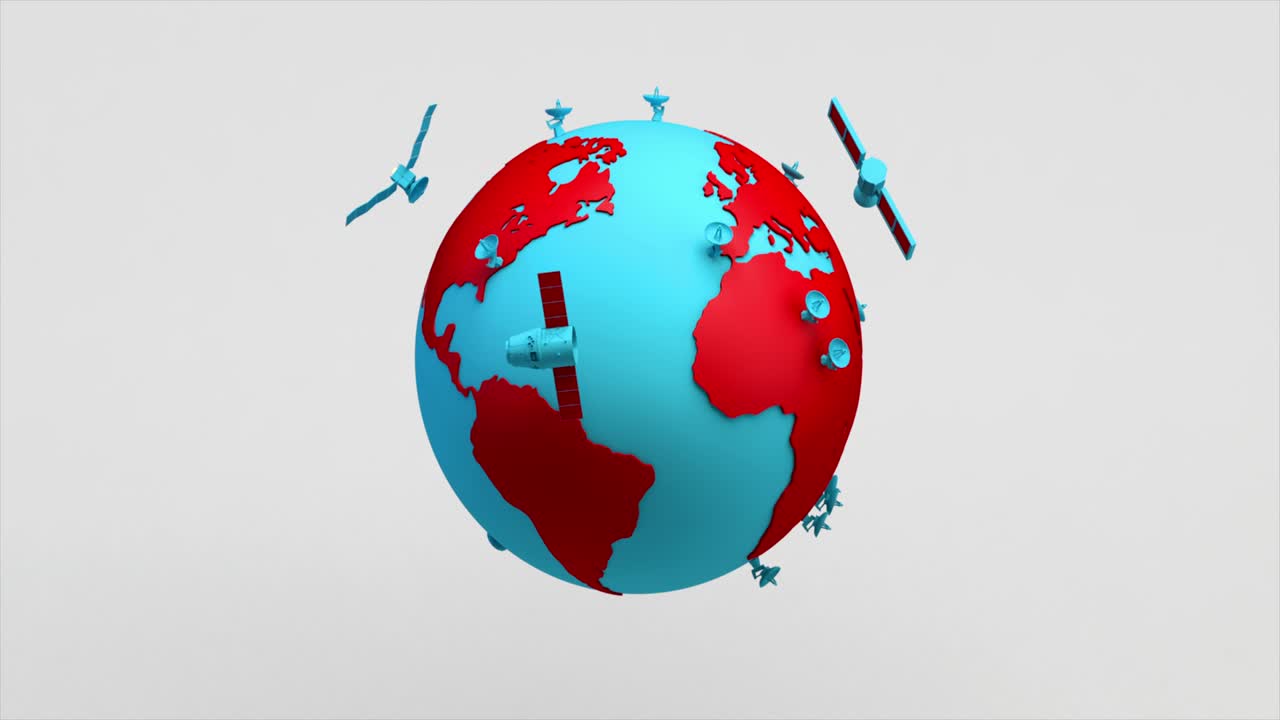 위성으로 날아가는 지구 행성의 모션 그래픽 - 3d 렌더링 - 기술 개념 - 배너 - 배경 - 루프 - 4k